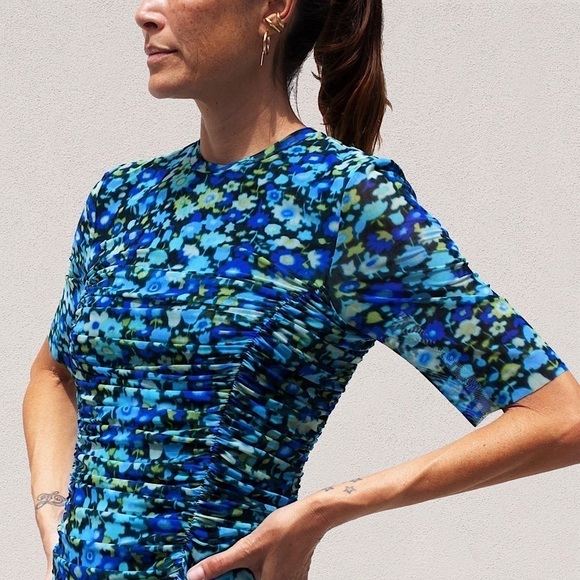 GANNI Floral Ruched Stretch Tulle Short Sleeve Crew Neck Bodycon Sheath Dress XS - Picture 6 of 16
